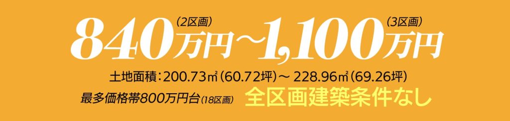 840万~1100万円 土地面積:200.73㎡(60.72坪)~228.96㎡(69.26坪)最多価格帯800万円台 全区画建築条件なし